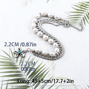 yunnique <b>Sweet</b> Fresh Stainless Steel Spliced Chain Imitation Pearl <b>Flower</b> Pendant Necklace For Leisure Gift - Product Image 4