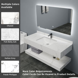 Mueble de Baño Moderno de Pared con Aspecto de Mármol Blanco, Personalizado al por Mayor, con Doble Estante de <span class=keywords><strong>Piedra</strong></span> y Espejo LED para Hotel - Product Image 3
