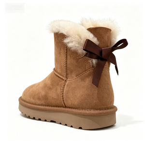 Faux Suede Winter Boots With <b>Bow</b> Decoration Round Toe Slip-On Plush Lining Rubber Outsole Anti-Slippery EVA Midsole - Product Image 1