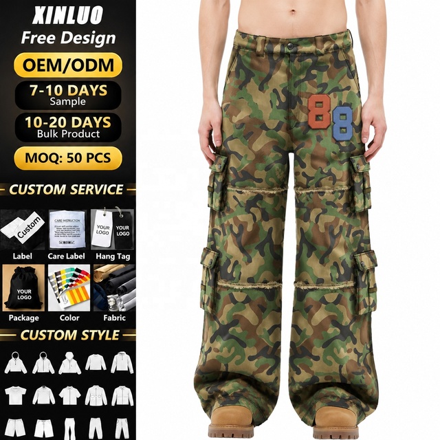 XINLUO Manufacturer OEM Custom All Print Multi Side Pockets Mid Waist Camouflage Heavyweight Street Style Wide Leg Pants