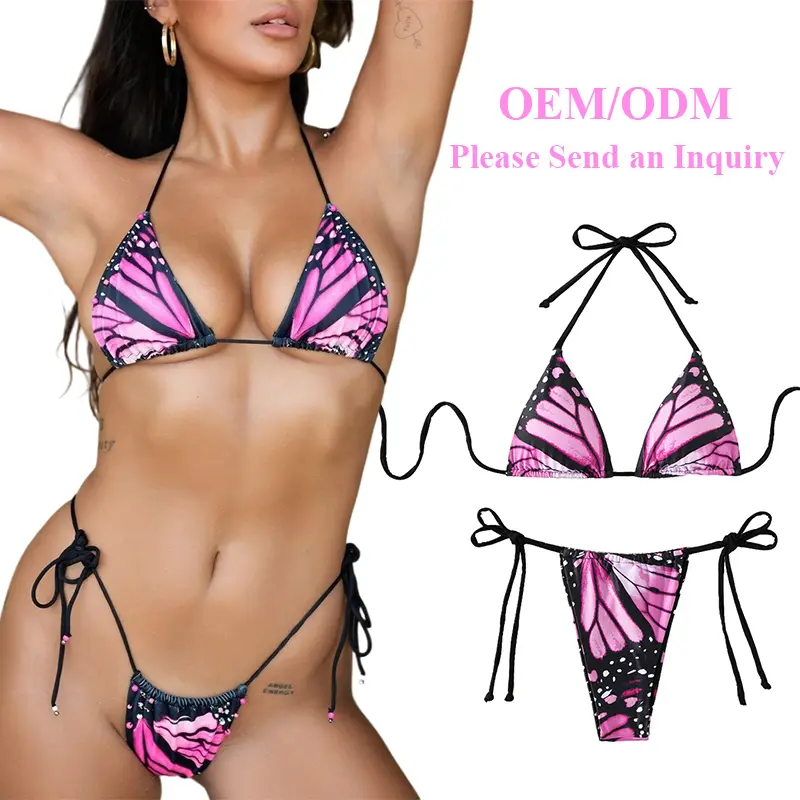 Factory sales New Sexy Print Mini Micro Brazilian Two Piece Bikini Set Beachwear Triangle Halter Swimsuit Women Thong Swimwear