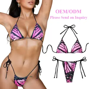Factory Sales New Sexy Print Mini Micro Brazilian 2 Piece Bikini Set Beachwear Triangle Halter Swimsuit Women Thong Swimwear