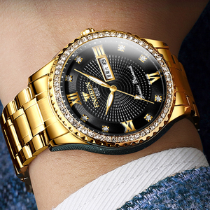 Fngeen S888 impermeable doble calendario semana fecha pantalla moda negocios luminoso completo oro diamante redondo gran esfera hombres Relojes - Product Image 5