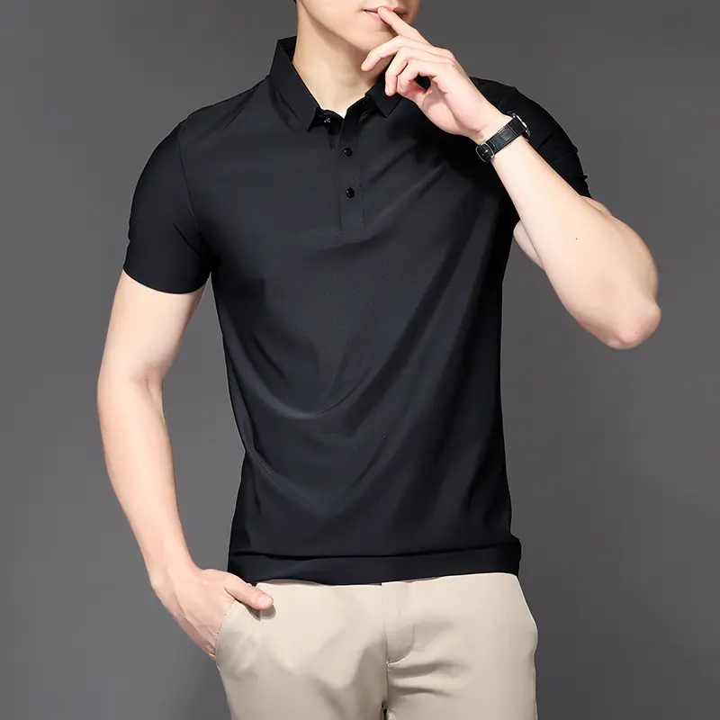 Men's Casual Short-Sleeved Polo Shirt Seamless Ice Silk Business Design Fabric Weight Plain Dyed Technique