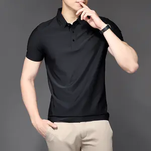 Kaus Polo lengan pendek kasual pria, kaos Polo sutra es mulus desain bisnis teknik pewarna polos berat badan