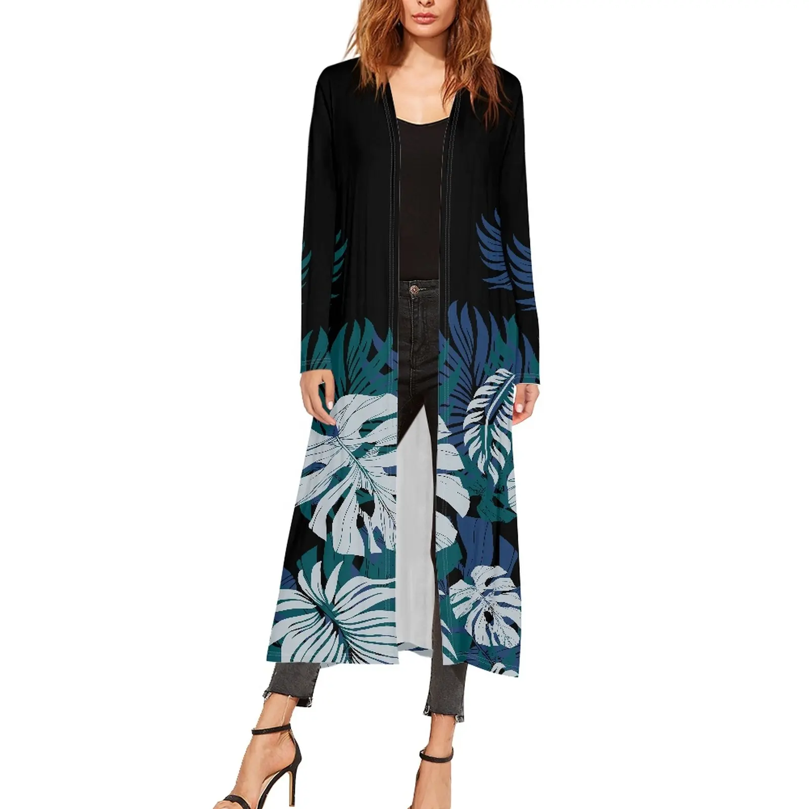 cheap 1 MOQ pacific island tropical monstera leaf pattern women kimono cardigan polynesian tribal design fashion cardigan coat