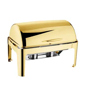 Restaurant Supplies Stainless Steel Food Warmer 9L Rectangular Golden Chafing Dish Roll Top Chafer with Glass Window