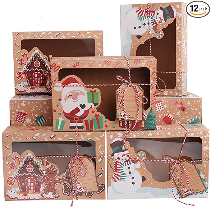 Hot sale Christmas cookies candy gift box with transparent window, Santa Claus snowman holiday design and Christmas ribbon gift