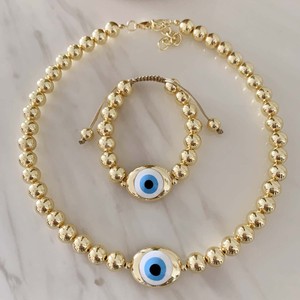 BD-L6247 Collar con Cuentas Doradas Ojo Turco y Colgante de Ojo Esmaltado, Cierre de Langosta Ajustable, Cadena Extensible - Product Image 1