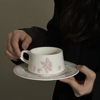 Tasse à café et soucoupe en céramique fleur rose vintage français Ins ensemble assiette à gâteau dessert créative