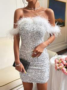 Nuevos sexis vestidos de fiesta, vestido de plumas para mujer, vestido ajustado de lujo con hombros descubiertos y lentejuelas con cremallera en la espalda - Product Image 2