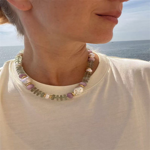 DIY kalung manik-manik baja tahan karat, perhiasan buatan tangan kalung mutiara batu alam buatan tangan geometris modis - Product Image 3