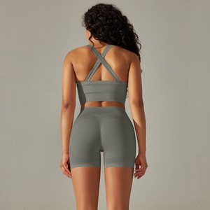 Haute qualité sans couture 5 pièces combinaison d'entraînement solide Sexy soutien-gorge haute élastique Leggings Fitness Scrunch bout à bout levage Shorts ensembles de Yoga - Product Image 5