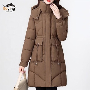 Blouson d'hiver en duvet et coton pour <span class=keywords><strong>femme</strong></span> Boying, nouveau style, à capuche, décontracté, avec ceinture ajustable et doublure en polyester amincissante et tendance - Product Image 1