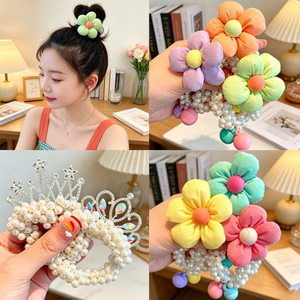 Diadema con corona para niños, lazo para el pelo de princesa, nuevo estilo coreano, flores de perlas, moño para niña, banda elástica - Product Image 1