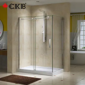 Salle de douche rectangulaire en aluminium chromé, facile à nettoyer, sans cadre, en verre trempé, porte coulissante