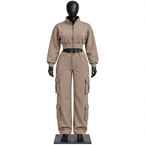 Conjunto Deportivo Casual de Otoño para Mujer, Pantalones Cargo con Cierre Completo y Cuello Alto, 100% Algodón, Transpirable, Corte Holgado, Ligero, con Bolsillos Laterales - Product Image 1