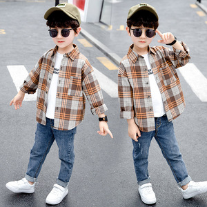 Vêtements pour enfants en gros : Chemises en coton à carreaux marron personnalisées pour garçons et jeans, directement du marché chinois - Product Image 4