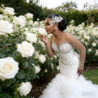 Gaun Pengantin Modern Elegan Model Mermaid dengan Bunga Renda, Kerah V, Lengan Panjang, Ukuran Besar