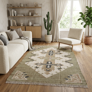 HARI ENTERPRISES Tapis d'intérieur vintage fait main en jute, patchwork, rectangulaire, à bordure marron, à poils ras, fin, antidérapant, antibactérien, anti-taches - Product Image 1