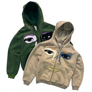 Sudadera Unisex con Capucha y Cierre, Diseño de Ojo Aplicado, Algodón French Terry, Ropa Casual de Otoño - Product Image 1