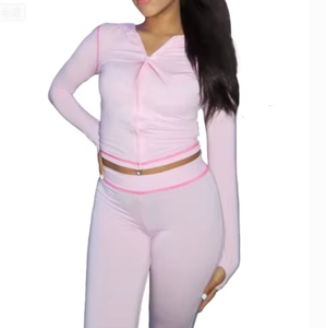 Conjunto Casual de Verano para Mujer, Estilo Europeo Americano, Tejido, Estampado, con Capucha, Manga Larga, Botones y Pantalones Acampanados - Product Image 1