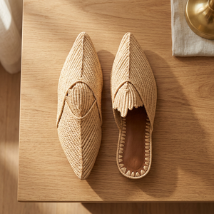 Mules à bout pointu en raphia, rayées, avec décoration de perles, respirantes, toutes saisons, doublure en cuir véritable, semelle intermédiaire en cuir véritable - Product Image 1