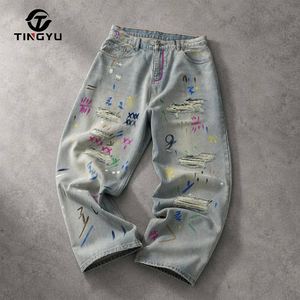 Envío Inmediato: Jeans Anchos de Hombre Estilo Urbano con Graffiti y Efecto Desgastado, Tejido Holgado de Tiro Medio, Lavado Claro, Vaqueros Rotos Pintados Y2K - Product Image 2