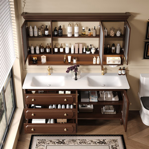 French retro bathroom cabinet hot curved integrated basin washbasin <b>oak</b> floor standing washbasin cabinet - Product Image 6