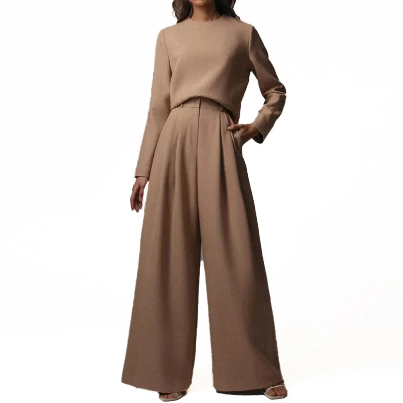 custom Crew neck loose pullover wide leg long trouser women Set Two Pieces Fashion Casual suits