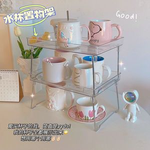 Ins Transparent Storage Rack Double Tier <b>Foldable</b> Plastic <b>Desk</b> Organizer For Cosmetics Cup Stationery Books - Product Image 4