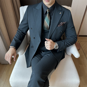<span class=keywords><strong>Traje</strong></span> de hombre vintage marrón café de doble botonadura, conjunto de 3 piezas para negocios, corte británico ajustado, talla grande, blazer formal para novio de boda - Product Image 4