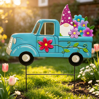 Piquets de jardin en métal 3D faits à la main avec gnome et bouquet de fleurs, décoration d'art extérieur pour la cour, ornement de pelouse