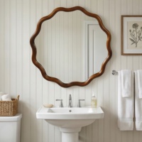 Miroir décoratif rond ondulé en bois massif de 30 pouces, couleur noyer noir, pour chambre à coucher, salle de bain, salon, entrée