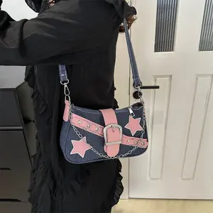 Sac à bandoulière Spicy Girl Cowboy rétro avec rivets et étoiles, sac sous le bras pour femme, sacoche portable à chaîne pour femme - Product Image 1
