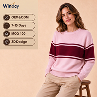 Pull en coton rayé style preppy WINDAY, personnalisable OEM ODM, pour le golf et le rugby, tricot jacquard, col rond, pull en tricot pour femmes