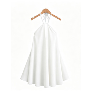 Robe mini décontractée blanche unie à col halter, sans manches, coupe trapèze, dos nu, ourlet à volants, respirante, ample, taille naturelle, pour l'été, les fêtes et la plage - Product Image 5