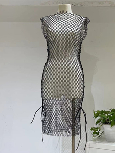 Mini-robe en résille ornée de strass pour femme, sexy, sans manches, fendue sur le côté, style bandage, pour la plage ou comme cache-maillot d'été - Product Image 6
