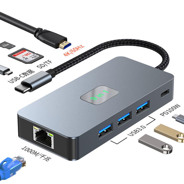 USB-C Hub Type-c to 4K 60HZ HDMI Adapter Gigabit RJ45 Ethernet Multi-port USB 3.0 Splitter SD/TF Card Reader for Laptops