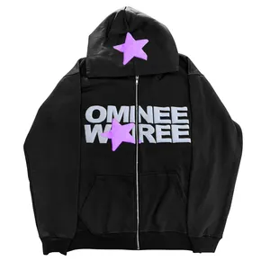 Großhandel Herren Schwarz Reiß verschluss Hoodie Grafik Puff Druck Baumwolle Schwergewicht Hochwertige Full Zip Up Hoodie Custom Logo