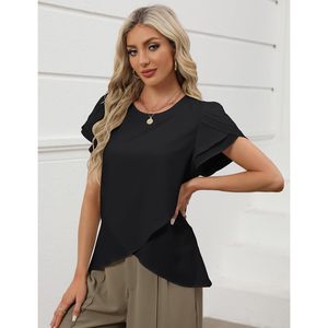 Womens Chiffon Blouse Flutter Sleeve <b>Asymmetric</b> <b>Top</b> Work Casual Summer Shirt - Product Image 4