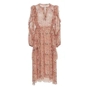 Low Price Floral Print Ruffled Long Sleeve V Neck Beach Midi Dress Women Tiered Layers Loose Summer Casual Dress