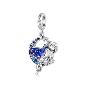 Silver Plated <b>Witch</b> Flying on Broom Charm with Blue Enamel and Zircon Stones Cartoon Pendant Unisex <b>Gift</b> Jewelry - Product Image 1