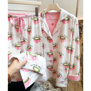 Conjunto de Pijamas de Algodón 100% para Mujer con Estampado de Dibujos Animados, Patrones de Corazón/Labios/Taza de Café, Mangas Largas, Cintura <span class=keywords><strong>El</strong></span>ástica, Tejido de Punto para Invierno - Product Image 5