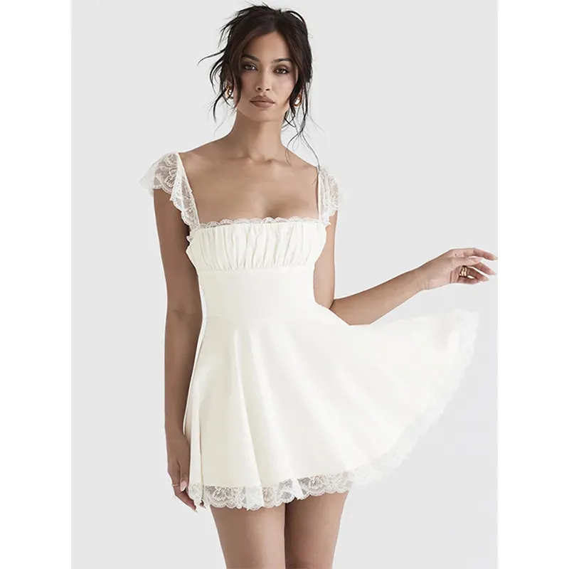 महिलाओं के फैशन बिना आस्तीन Backless ढीला सेक्सी कम कपड़े Vestido Clubwear सुरुचिपूर्ण सफेद फीता पट्टा मिनी पोशाक