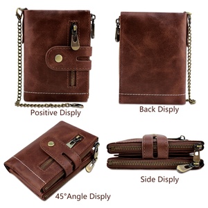 BOSHIHO Real Leather Purse Custom Logo <b>RFID</b> <b>Blocking</b> Bifold Double Zipper Coin Pocket with Anti-Theft Chain Mens <b>Wallet</b> - Product Image 5