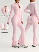 Veste de sport à manches longues zippée pour femme, couleur unie, séchage rapide, respirante, douce, avec logo personnalisé, et pantalon de yoga évasé pour le fitness