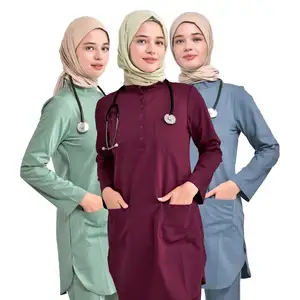 Conception de logo privé personnalisé ridiculement doux infirmières col mandarin à manches longues femmes islamiques gommages médicaux uniformes pour musulmanes