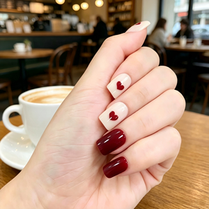 24 <span class=keywords><strong>Uñas</strong></span> Postizas Cuadradas de ABS, Color Nude, Diseño de Corazón Rojo <span class=keywords><strong>Vino</strong></span>, Pre-Adheridas con Pegamento, <span class=keywords><strong>Cortas</strong></span>, de Alta Calidad, Cobertura Total, Reutilizables - Product Image 2