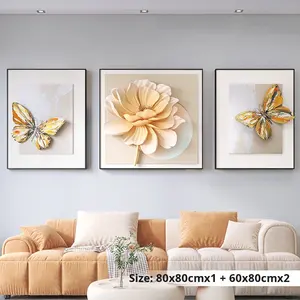 Art mural en relief 3D simple et moderne de luxe léger, <span class=keywords><strong>triptyque</strong></span> encadré avec des <span class=keywords><strong>fleurs</strong></span> de papillon, salon, fond de canapé, <span class=keywords><strong>peinture</strong></span> suspendue - Product Image 1